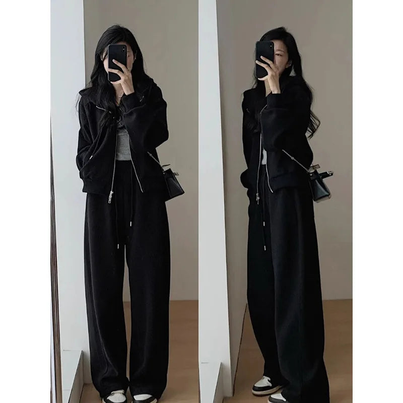 2024 Autumn Winter New Solid Loose Women's Hoodie and Sweatpants Two Piece Set Korean Fashion Y2k Zip Up Hoodie Sweatshirts - Seprincess