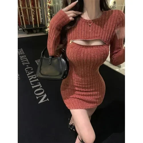 Sweet Hot Girl Zipper Hollowed Out Pit Stripe Dress for Women's Winter Sexy Slim Fit Hip Wrap Short Dress Fashion Female Clothes