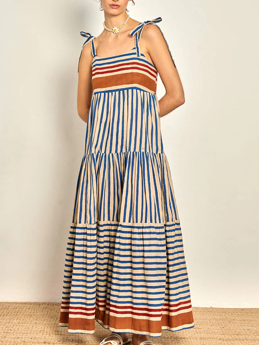 Women‘s Maxi Dresses Summer Casual Sleeveless Open Back Low Cut Flowy Stripe Shrimp Print Dresses 90s Vintage Long Cami Dress - Seprincess