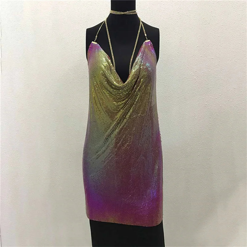 Diamond Halter Metal Party Dresses 2024 Sexy Gold Silver Summer Dress Vesitos Backless Sequins Women Dress Dropshipping