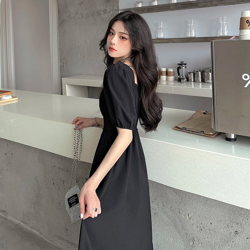 Women Black Folds Elegant Long Dress Retro Loose Sweet Square Collar Female Dress Spring Autumn All Match Casual Ladies Vestidos - Seprincess