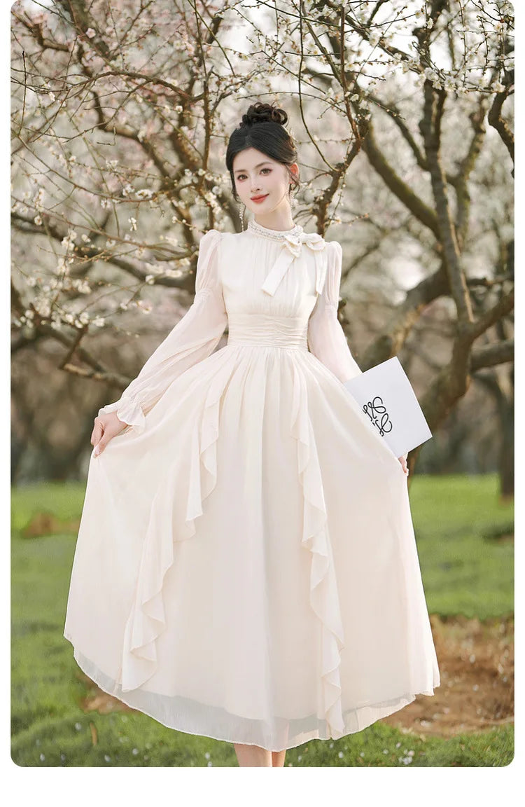 Tea Break French Bow Ruffle Edge Dress O-neck High Waist Flare Sleeve Long Skirt For Women Autumn New Gentle Elegant Dresses - Seprincess