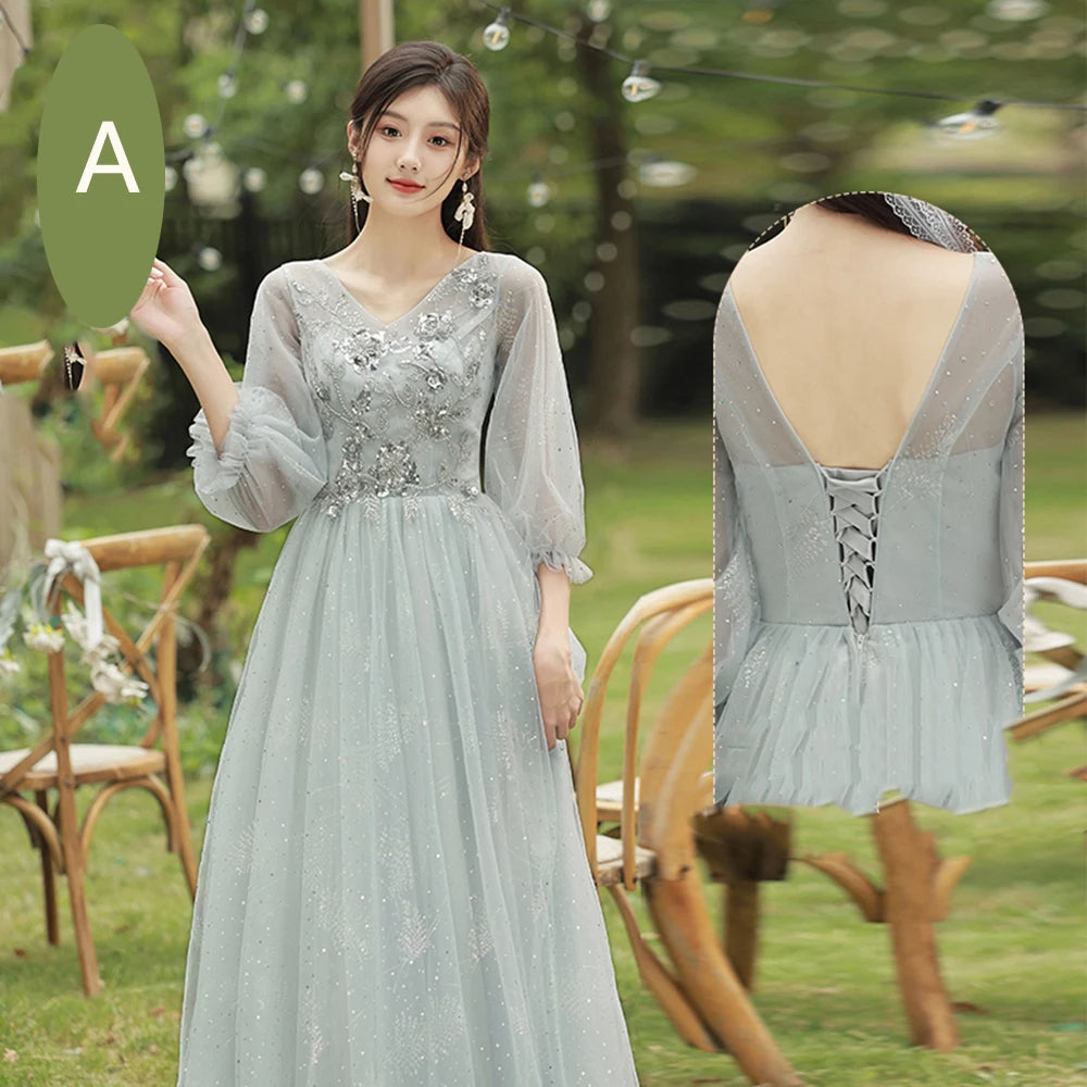 4 Styles Grey Bridesmaid Dress Women's Elegant V-neck Sequins Shawl Collar Slim A-line Gown Light Luxury Wedding Party Vestido - Seprincess