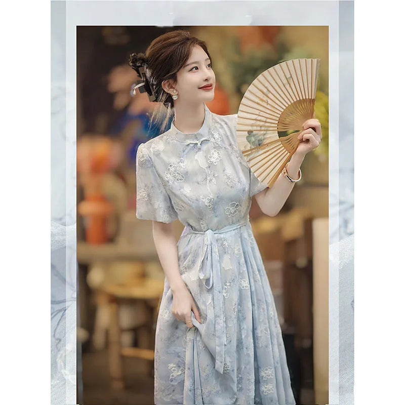 High Quality 2023 New Women Cheongsam Dress Embroidery Slim Elegant Long Qipao Chinese Style Wedding Dress Fashion Blue - Seprincess