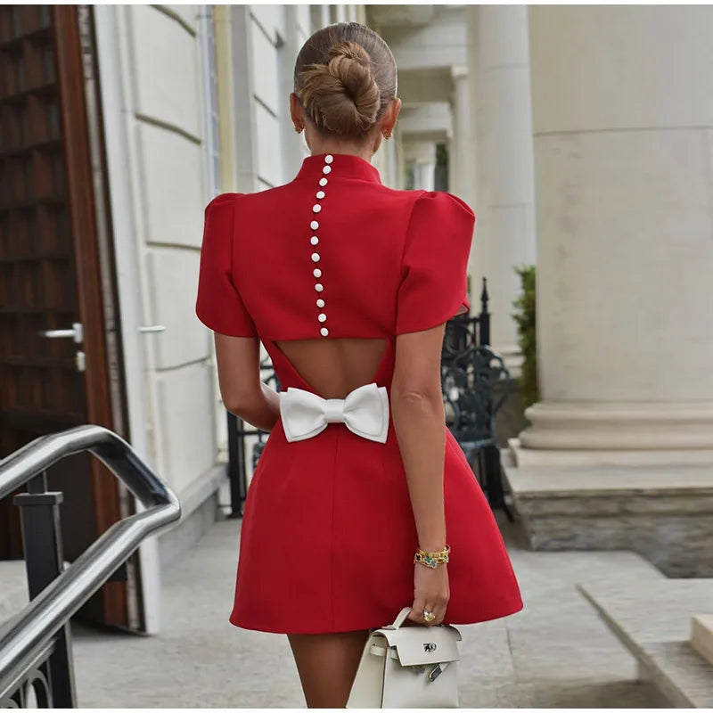 Fashion Red 3d Bow Hollow Out Mini Dress Women Chic Button O-neck Short Sleeve High Waist Dresses 2024 Summer Lady Party Robes - Seprincess