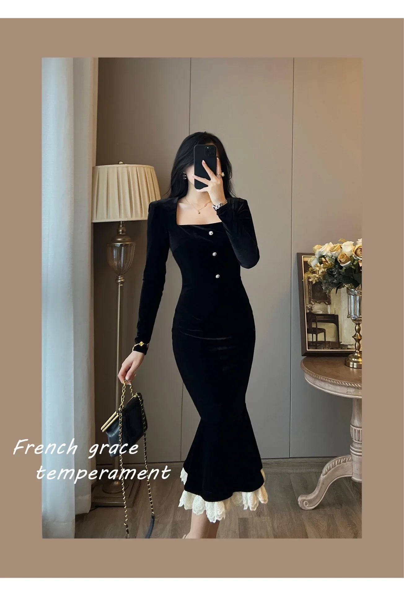 Elegant French Haban Style Fish Tail Skirt Spring Autumn Soft High Class Square Collar Long Sleeve Black Velvet Long Dress - Seprincess