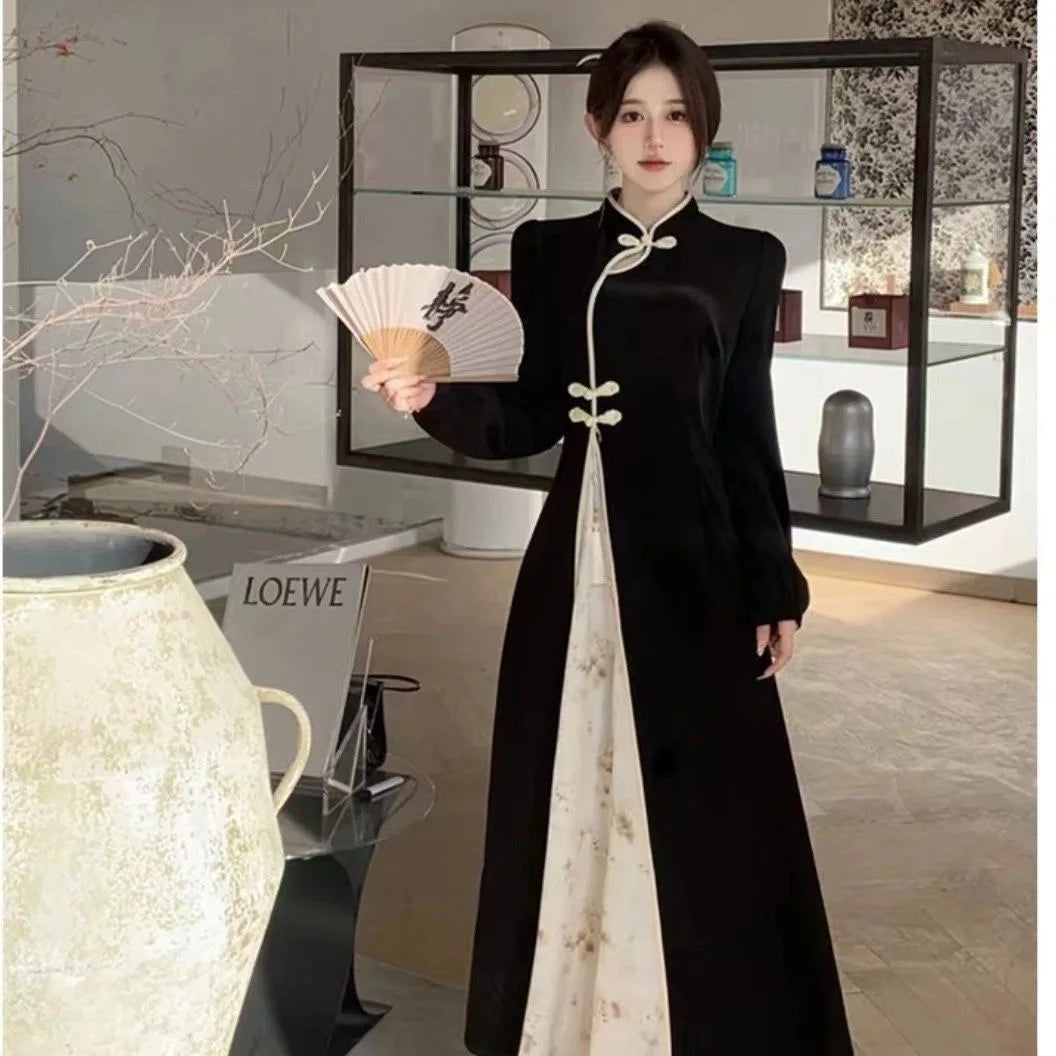 Modern Qipao Improved Cheongsam Chinese Dress Traditional Women's Clothing Autumn Winter Dark Patterned Jacquard Long Sleeve - Seprincess