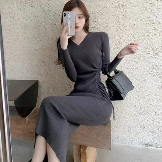 Hdspq V-Neck Long Sleeve Knitting Dress Women Autumn Winter Elegant Bodycon Midi Dress Woman Korean Style Slim Lace-Up Clothes - Seprincess