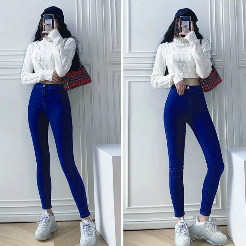 CJFHJE Jeans Women's Pencil Pants Summer Buttock Lifting Slim Small Foot Pants Elastic Large Size Nine Points Female Denim Pants