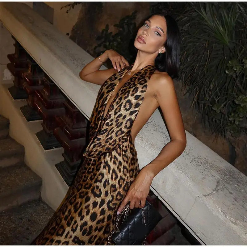 Women Elegant Leopard Print Lace-up Halter Dress Sexy Backless Deep V-neck Slim Long Dresses 2024 New Lady High Street Partywear - Seprincess