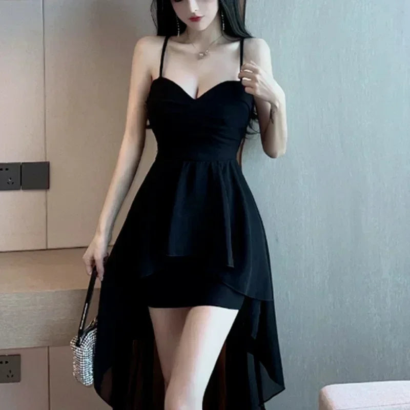 Onalippa Sexy Low-cut Strap Dress Early Spring New Temperament Feminine Irregular Waist Thin Solid Color Big Dresses Female - Seprincess