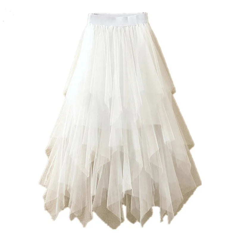 Women's Tulle Skirt Formal High Low Asymmetrical Midi Length Elastic Waist Tutu Layered Puffy Fairy Ball Gown Skirts Streetwear - Seprincess