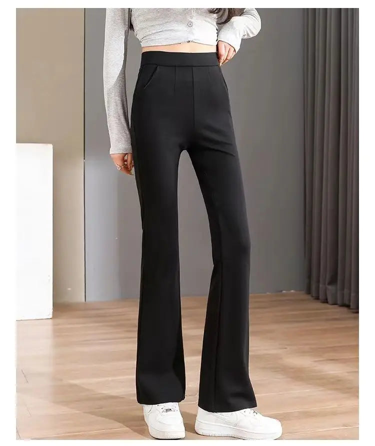 Black All-match Patchwork Pockets Classics Micro Flare Trousers Summer Thin Ventilate Elastic High Waist Women's Casual Pants