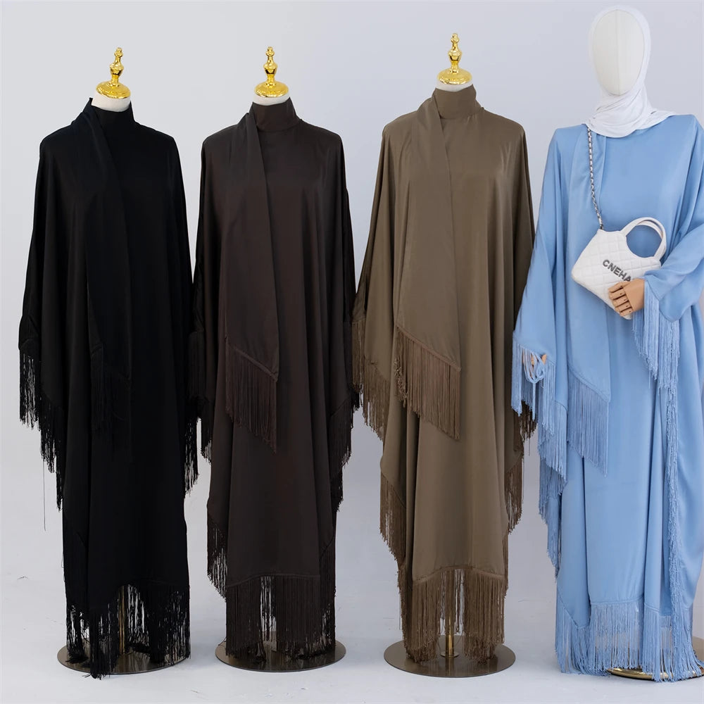 Ramadan Eid Satin Women Kaftan Islam Muslim Batwing Dress Butterfly Khimar Abaya Set Kebaya Caftan Marocain Robe Femme Musulmane - Seprincess