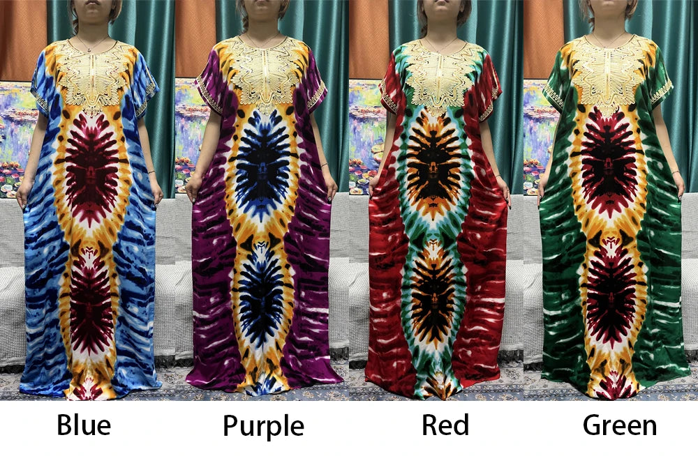 Muslim Printed Abayas For Women 2024 Dubai New Cotton Short SLeeves Appliques Loose Femme Robe African Islam Dresses With Hijabs - Seprincess