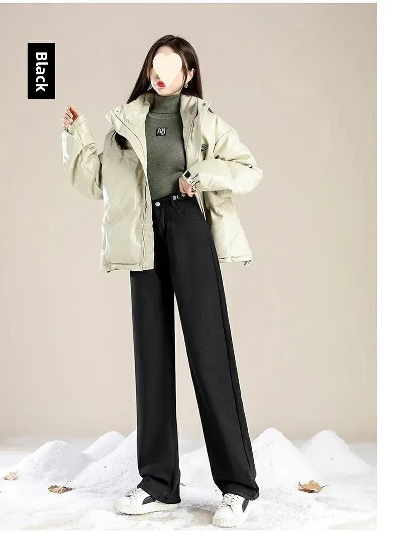 Thickened Fleece-Lined Warm Straight-Leg Jeans Design Adjustable High-Waisted Slimming Bell Bottoms Winter New Arrival