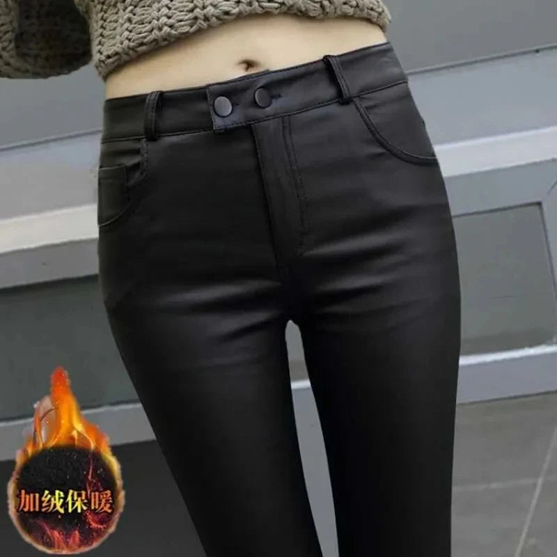 Autumn Winter New High Waist Stretch Leather Leggings Thick Female Faux PU Leather Pants Sexy Push Up Slim Tights Fleece Trouser