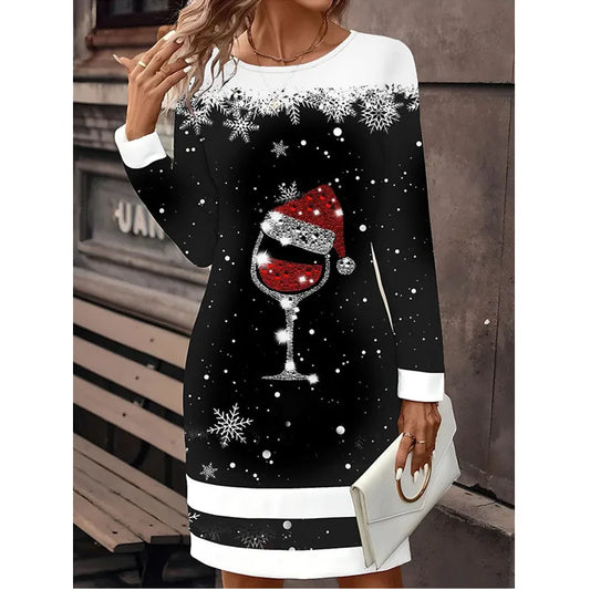 Women Christmas Party Dress 3D Funny Wine Christmas Element Printed Dress 2024 New Autumn Winter Long Sleeve O-neck Casual Dress - Seprincess