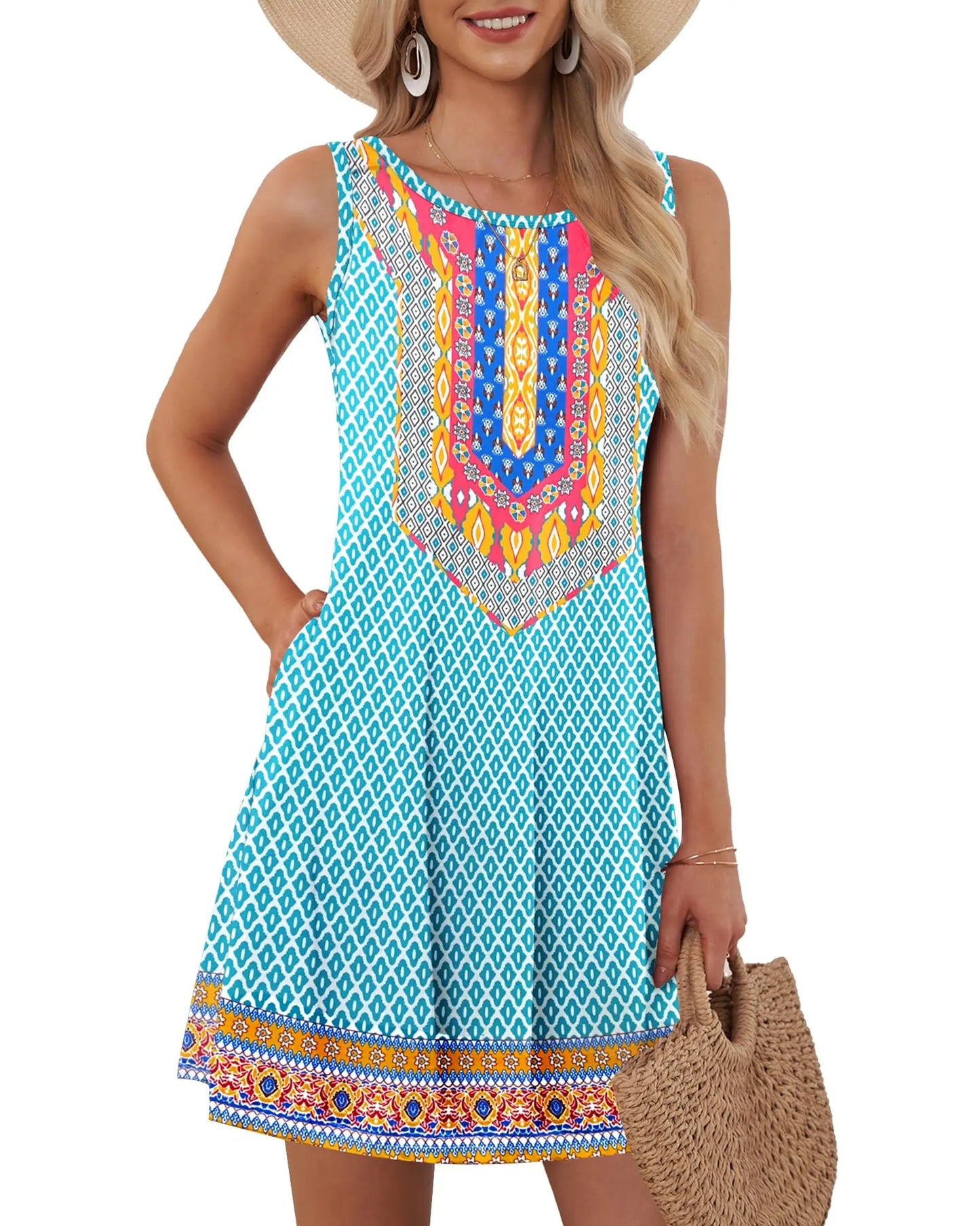 Summer S-5XL Women's Pocket Vest Mini Dress Bohemian Style Beach Vacation Casual Fashion Loose Sleeveless Vest Knee-length Dress - Seprincess