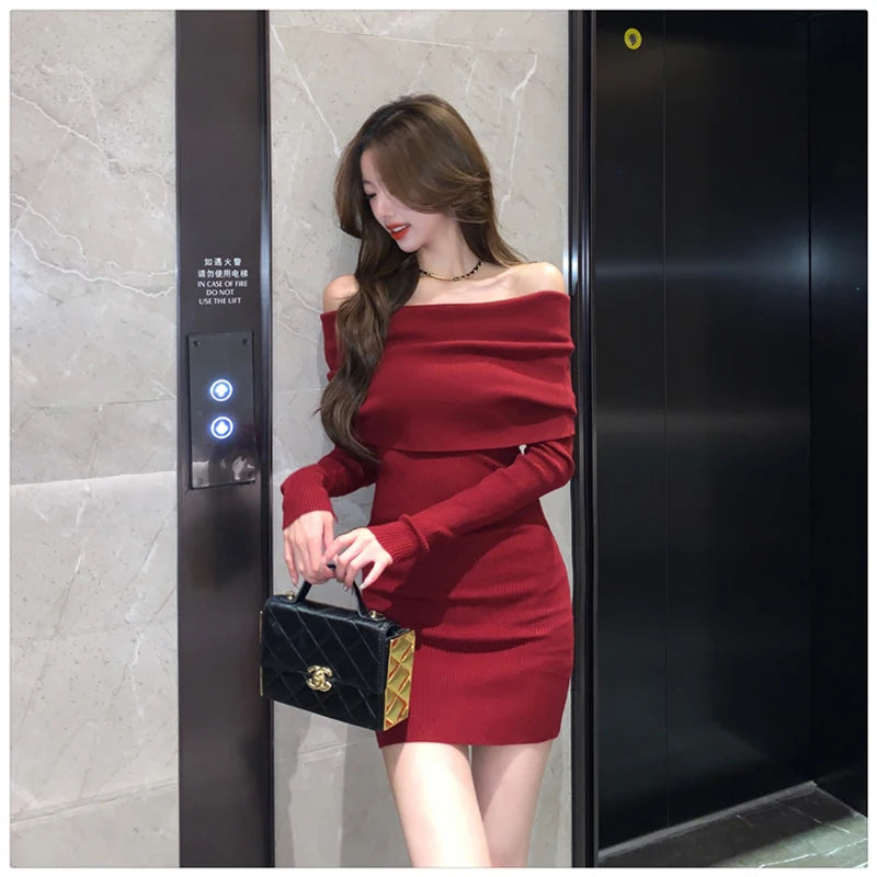 Sexy Slash Neck Mini Dress Women Vintage Elegant Black Wrap Sweater Dresses Winter Korean Red Off Shoulder Bodycon Vestidos New - Seprincess