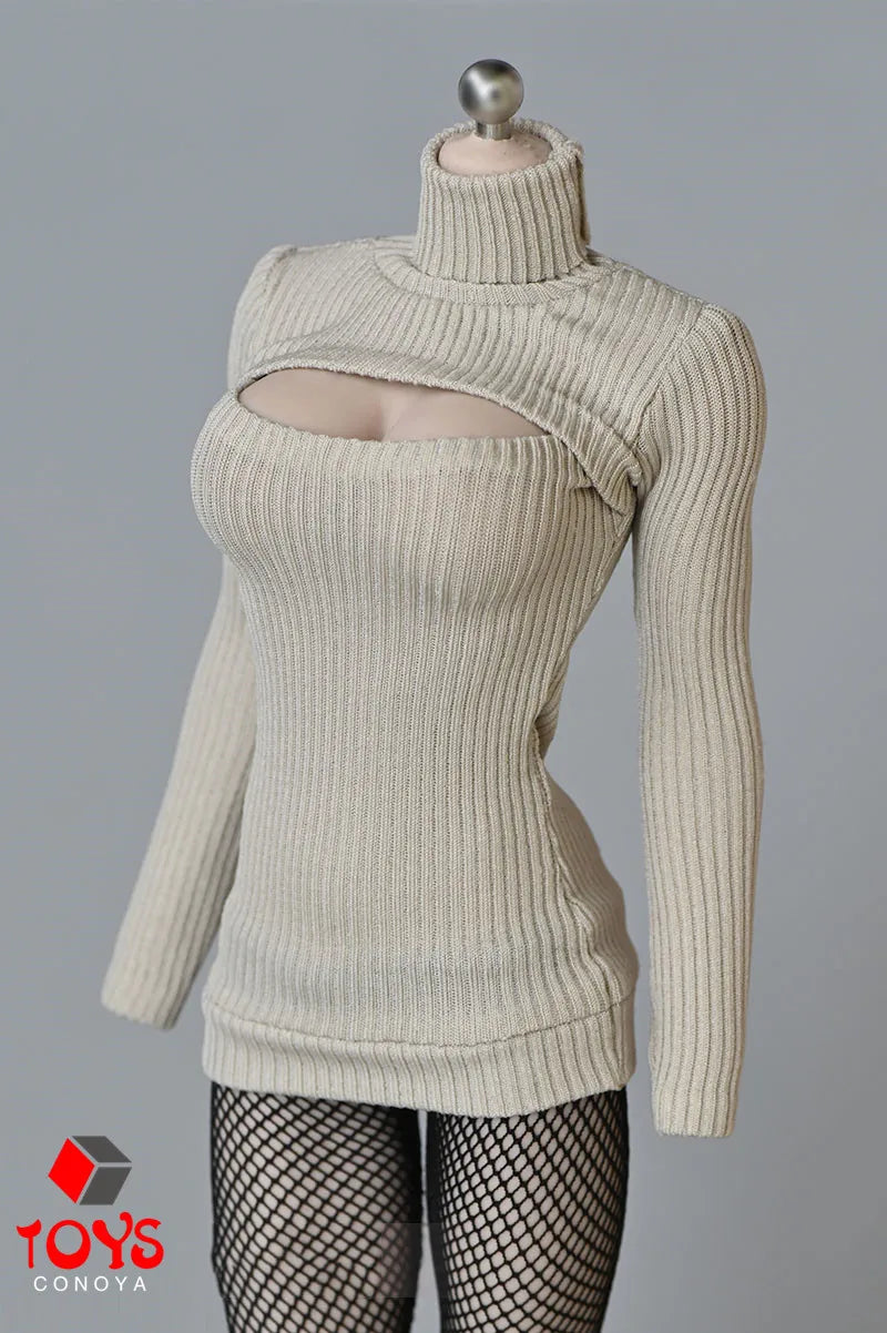 1/6 Scale Female Sweater Slim Elastic High Neck Knit Pullover Sexy Open Chest Tops Mini Sweater Dress for 12" Action Figure - Seprincess