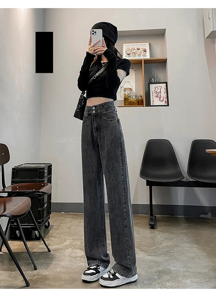 Denim Jeans Women Casual Fashion Button Design Pants Loose Straight Brand High Quality New Arrivals Trousers