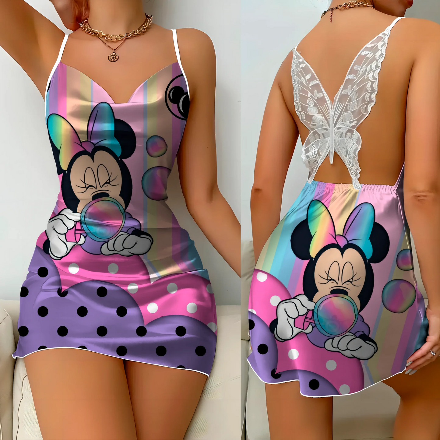 Mini Dress Pajama Skirt Bow Knot Party Dresses Satin Surface Minnie Mouse Disney Mickey Womens Fashion Summer 2024 Elegant Women - Seprincess