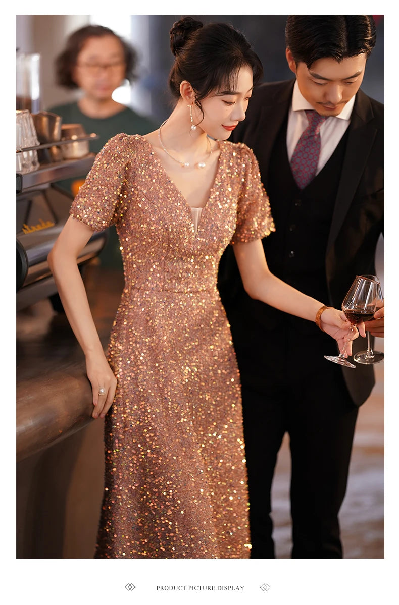 Glittering Sequined Evening Dress V Neck Slim Long Cocktail Party Dress 2023 Fashion Female Banquet Prom Gowns - Seprincess