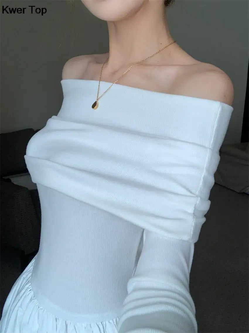 Y2k Fashion Evening Party Maxi White Dress Women Korean Off Shoulder Long Sleeve Birthday Robe Autumn Streetwear Corset Clothes