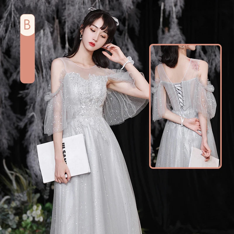 Temperament grey bridesmaid dress 4 Styles Applique Sisters Group Graduation Evening Dresses Simple Wedding Female Guest Dress - Seprincess