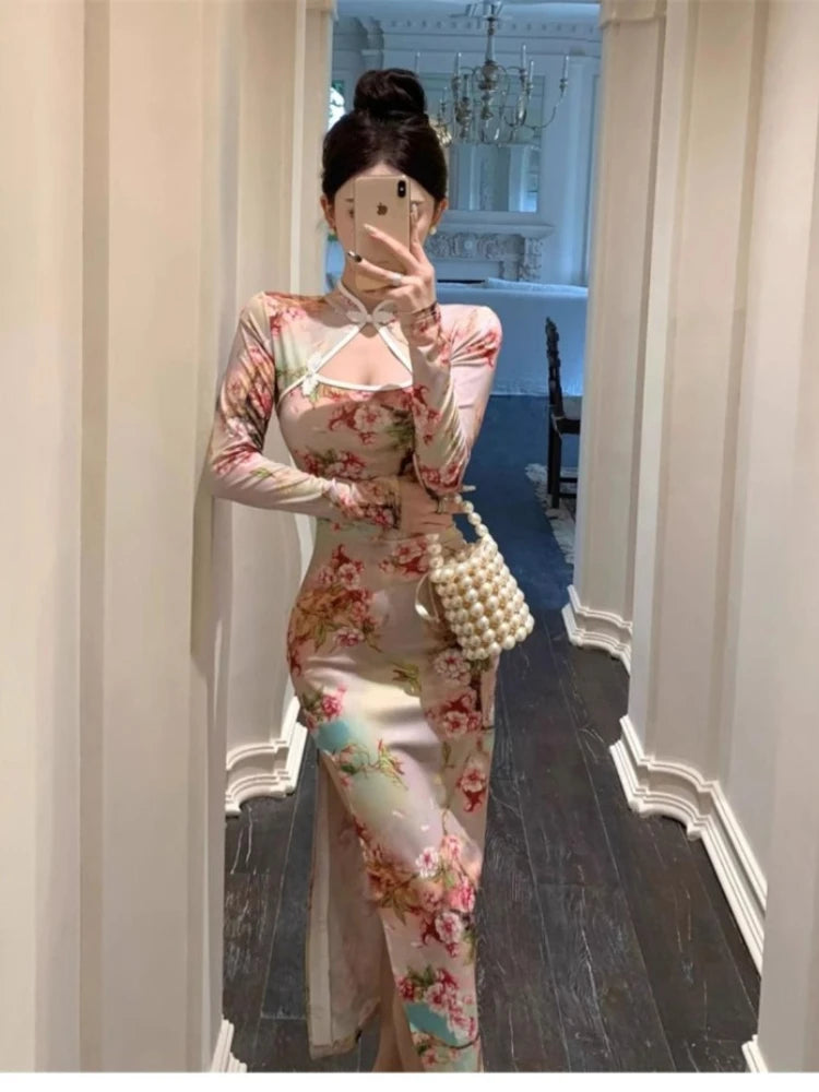 150kg 5XL Large Size Vintage Chinese Cheongsam Print High Split Bodycon Maxi Dress Plus Size Long Sleeve Qipao Long Vestidos - Seprincess