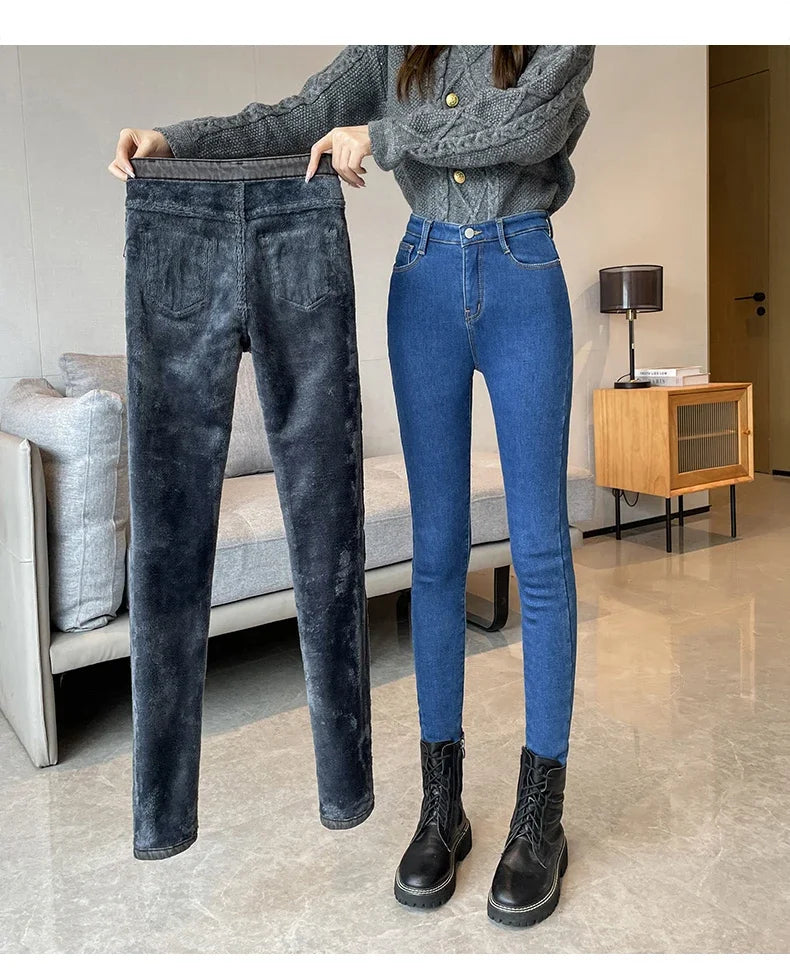 Skinny Women's Warm Jeans Winter Thicken Fleece Stretch High Waist Pencil Pants Fashion Korean Black Blue Gray Velvet Leggings