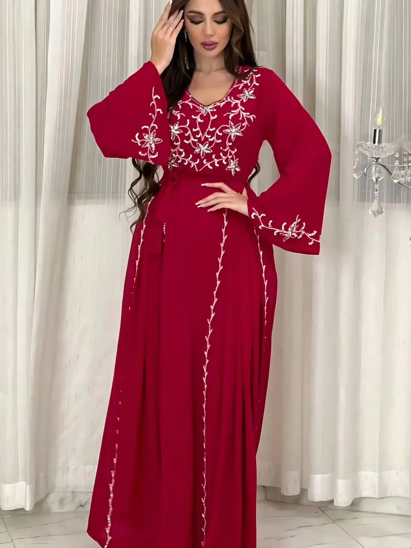 Dress for Women 2024 Spring Summer Fashion Muslim Women Long Sleeve Polyester Kaftan Embroidery Long Maxi Dress Abaya Dubai