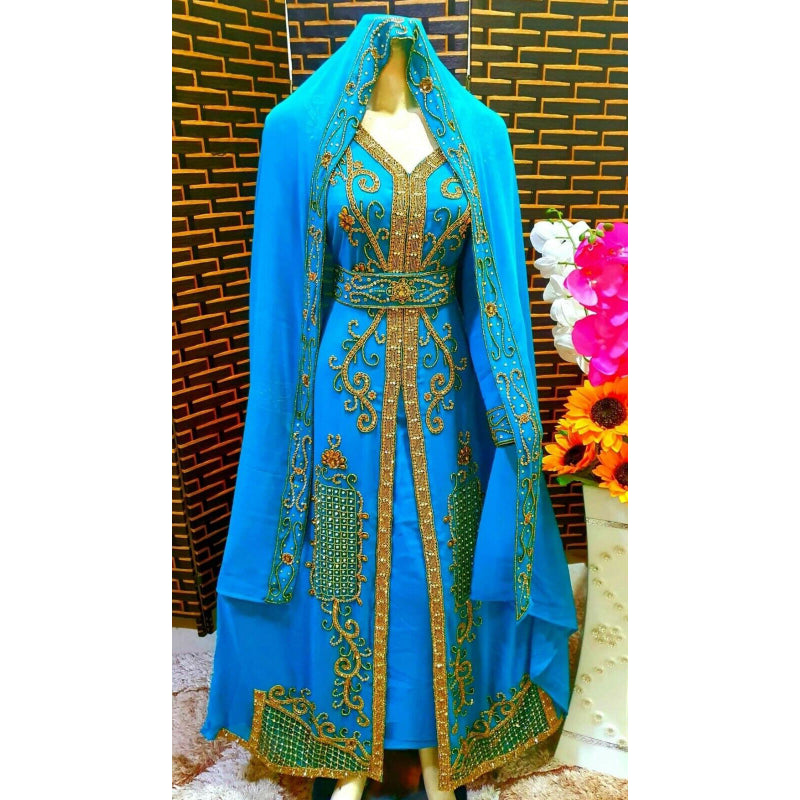 Turquoise African Dress Fancy Abaya Dubai Caftan Beaded Moroccan Gown Women's European and American Fashion Trend - Seprincess