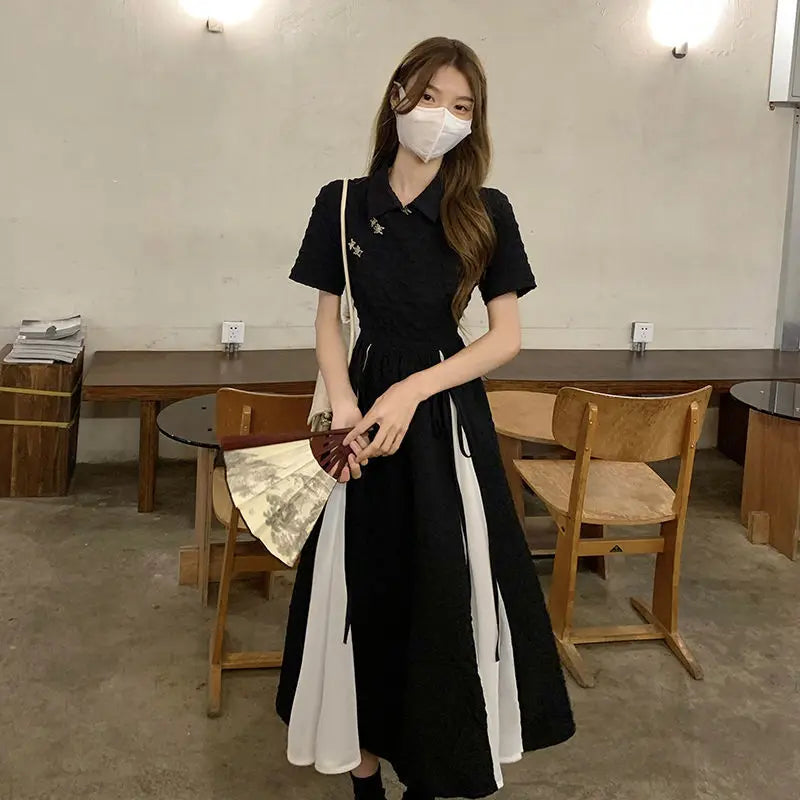 2023 New Chinese Style Dress Balck Qipao Elegant White Black Patchwork Cheongsams Youth Girl Vestidos Long Dresses Qipao - Seprincess