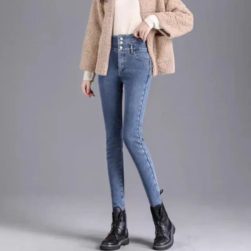 2024 Autumn/Winter New Solid Color Slim Fit Women's Jeans High Waist Buttoned Wool Lined And Thickened Pencil Leggings