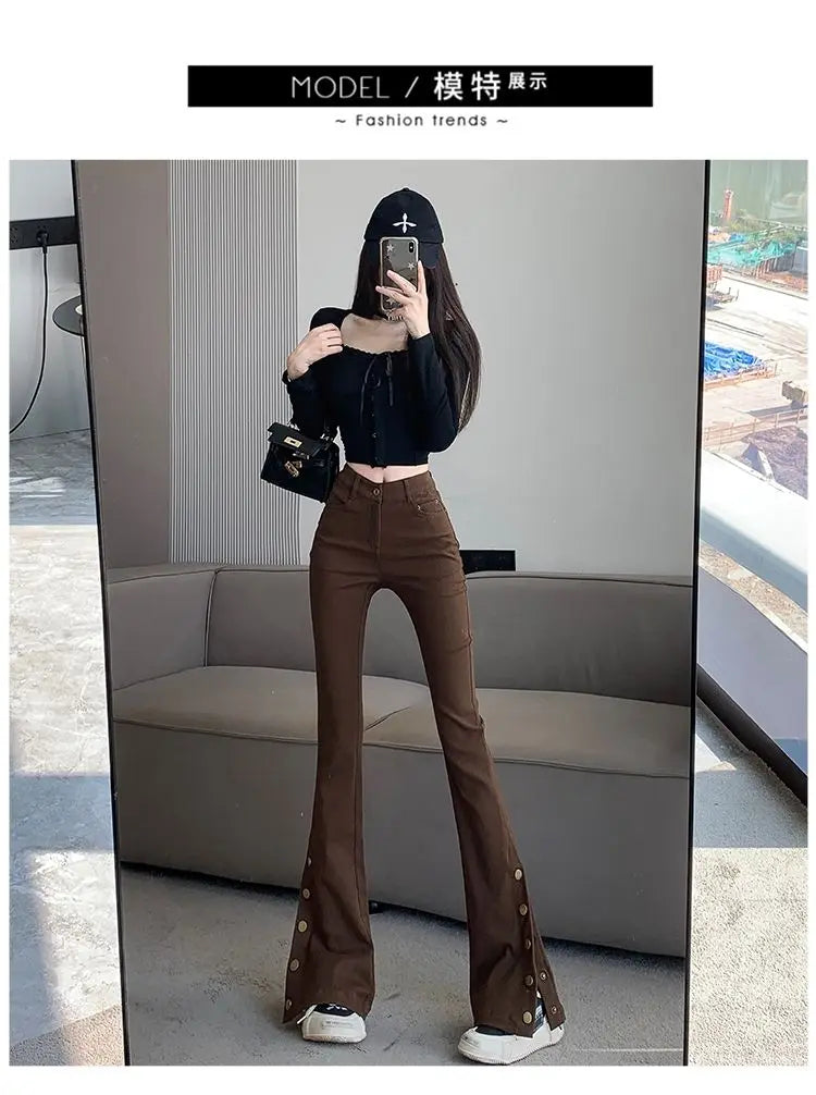 Micro-boot jeans brown buttoned design women's autumn and winter new high-waisted slim straight-leg floor mopping pants