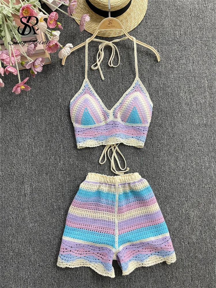 SINGREINY Striped Beach Two Pieces Suits Ladies Halter Backless Mini Camis+WIde Legs Shorts Fashion Korean Bohemian Vacation Set - Seprincess