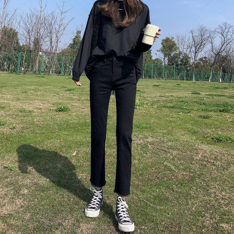 Black High-Waisted Female Denim Jeans Newly Stretched  All Match Classic Pants Straight Raw Edge Women Classic Pants