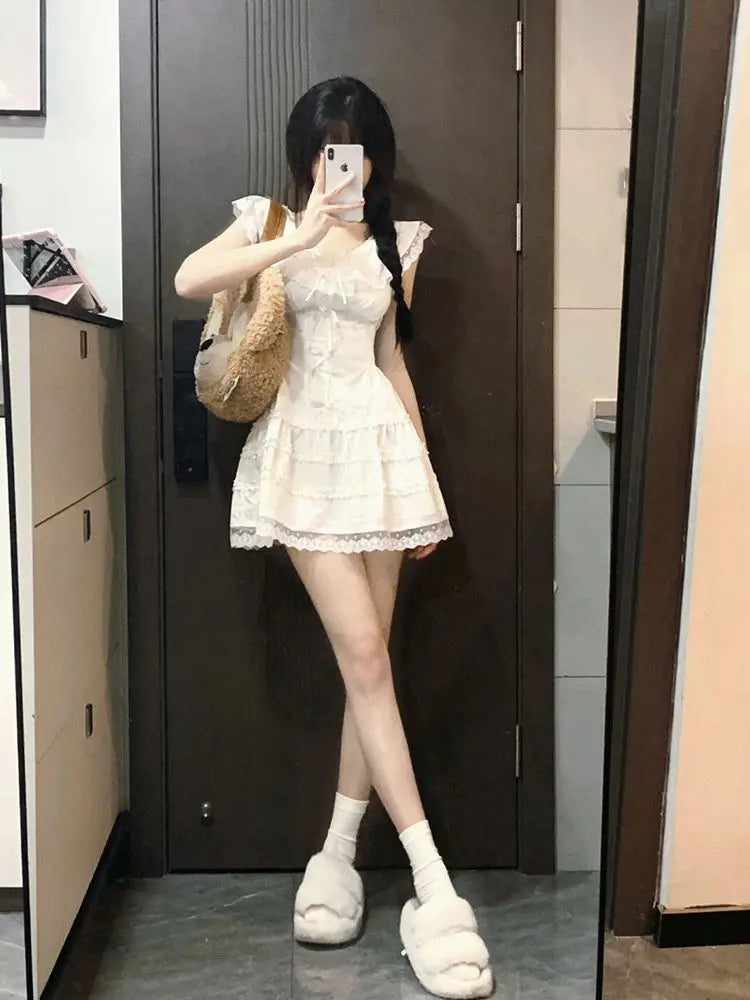 QWEEK Y2k Coquette White Lolita Sweet White Kwaii Cute Mini Dress Women Lace Bow Princess Slip Lace Short Dresses 2024 Fashion - Seprincess