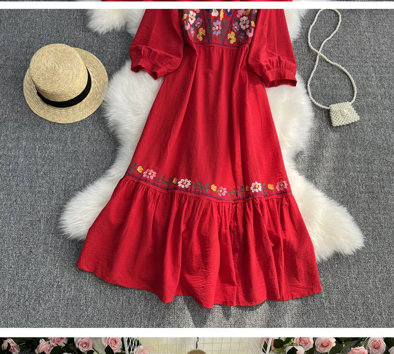 Spring/Summer Women's Travel Vacation Vintage Long Dress Bohemian Ethnic Style Embroidered Waist Tie up Cotton and Linen Dress ? - Seprincess