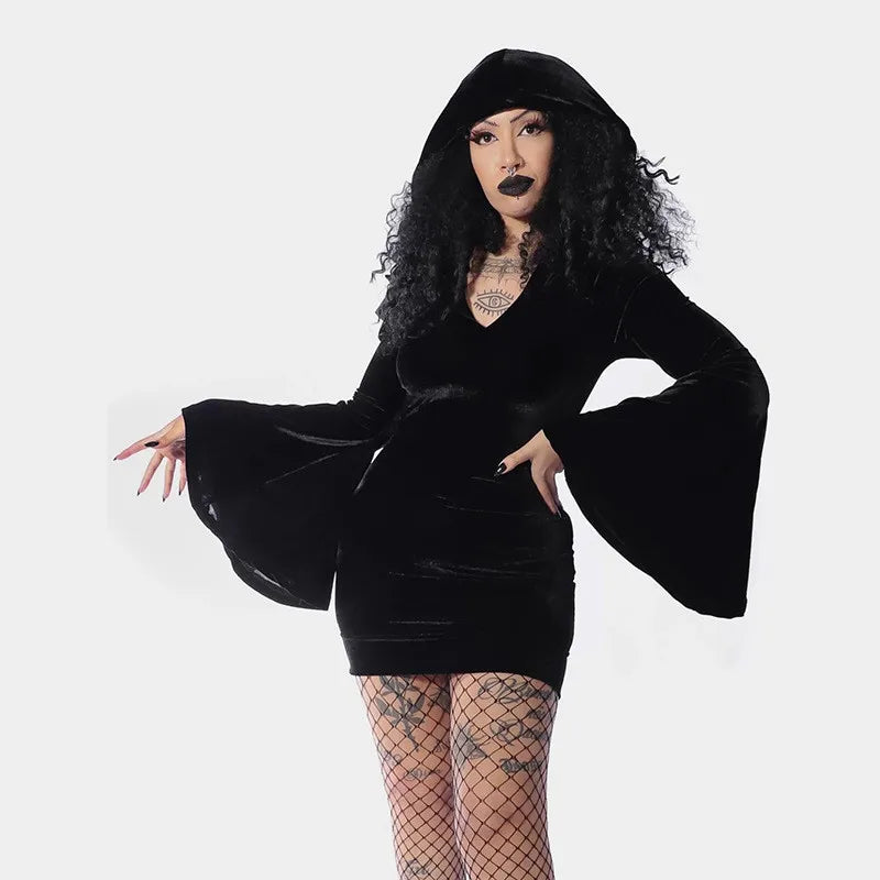 Women Halloween Witch Cosplay Costumes Long Sleeve Black Hooded Bodycon Mini Dresses Gothic Goth Short Dress for Party - Seprincess