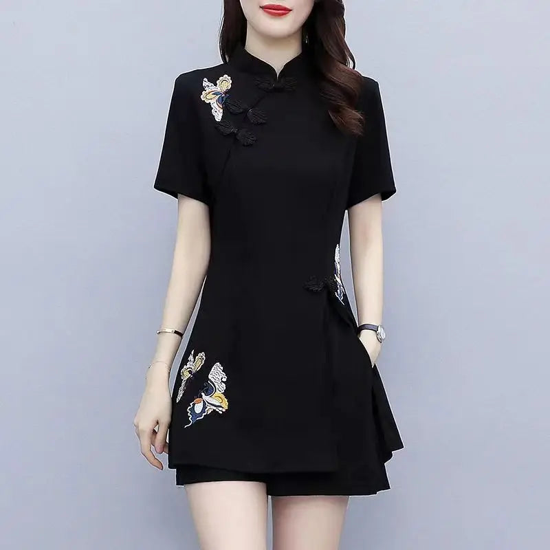 Women Single/Set Summer Slim Cheongsam Shorts Set Women's Fashionable Retro Large Improved Qipao Dress Two Piece Set Women - Seprincess