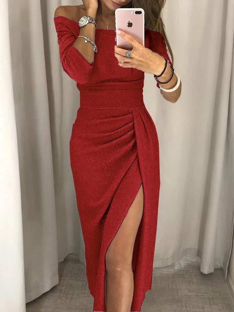 2023 New Women's Off Shoulder Long Sleeve Bodycon Evening Party Long Dress Asymmetrical Split Pencil Dresses S M L XL XXL - Seprincess