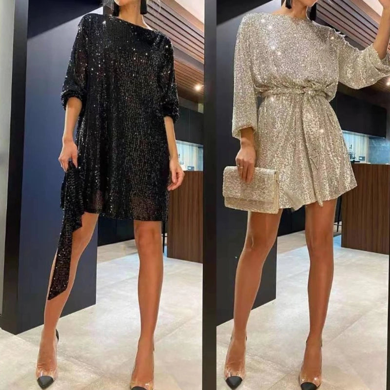 Womens Puff Long Sleeve Glitter Sequin Dress with Belt Evening Wedding Bridesmaid Sparkly Loose Fit Mini Short Dresses - Seprincess