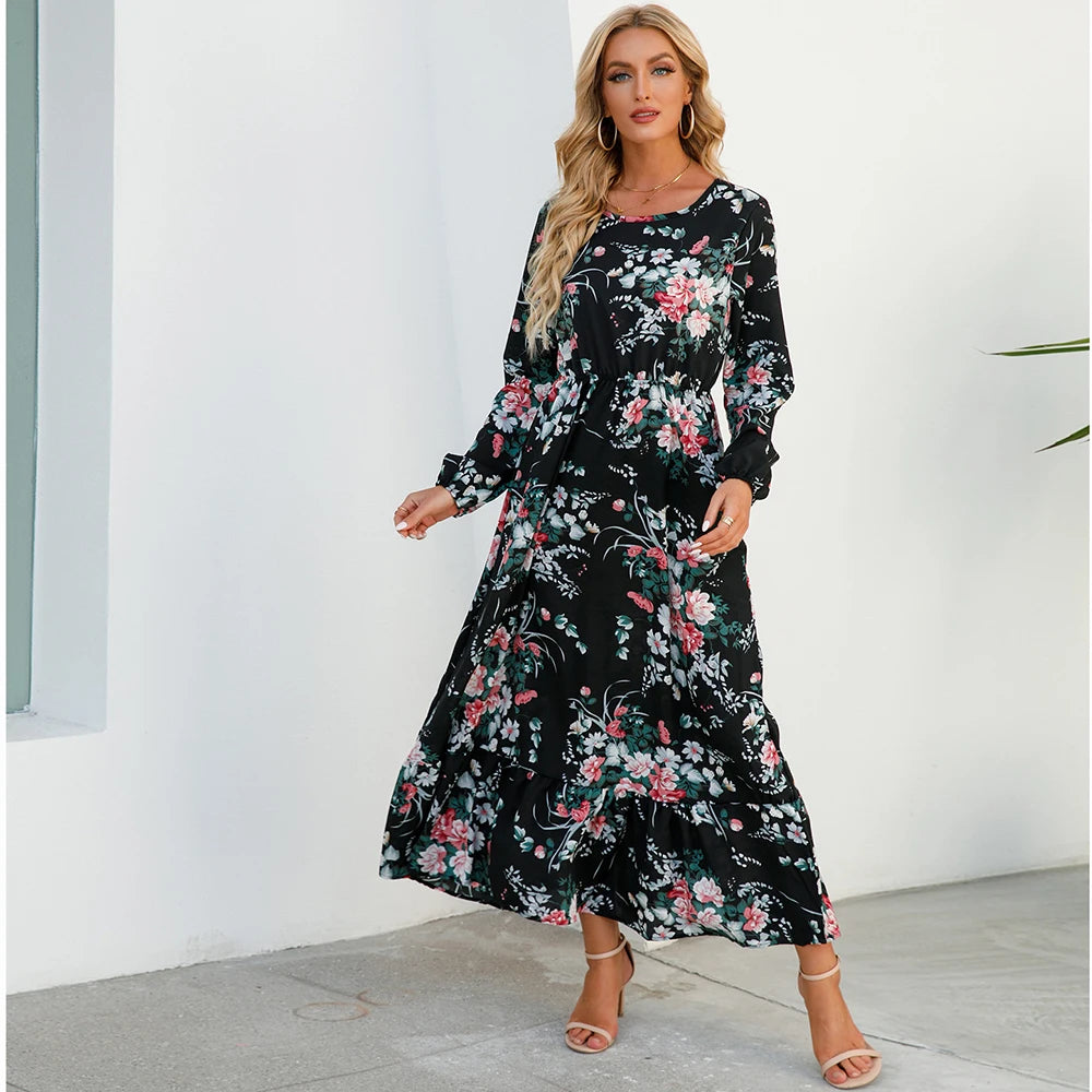 Women Maxi Dresses Sping Autumn Bohemian Casual Full Sleeve High Waist Beach Woman Chiffon Dresses Floral Vestidoes Long Dress - Seprincess