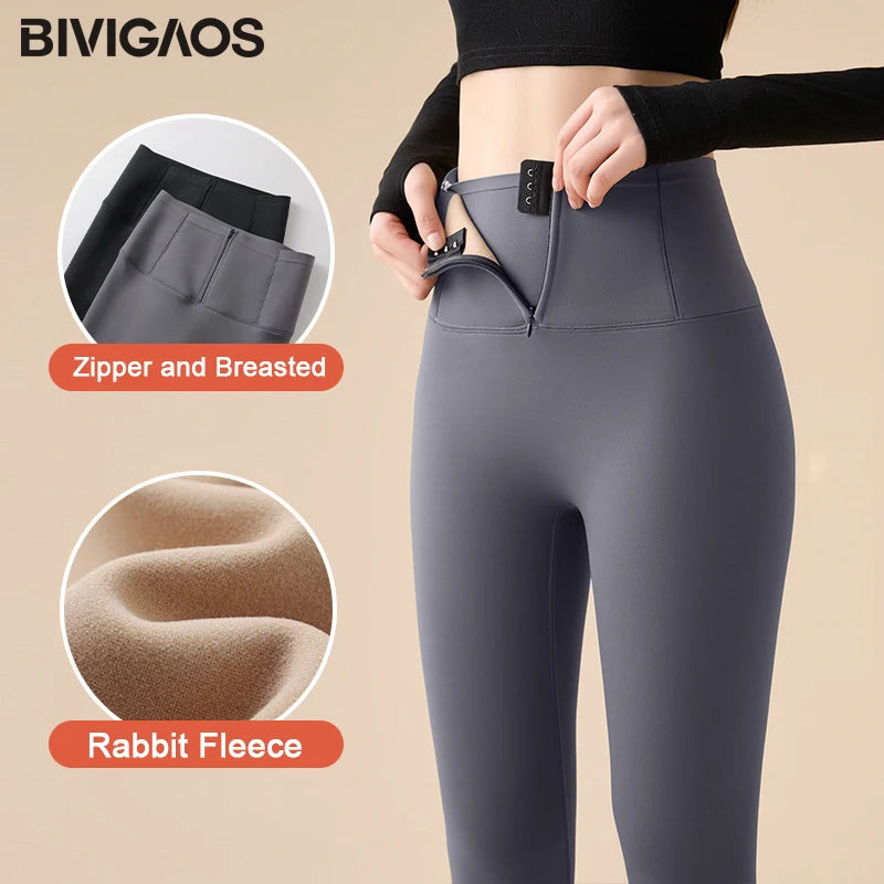 BIVIGAOS Fall Winter Fleece Thick Breasted Zipper Sharkskin Leggings Women's Waist Shaping Tight Sports Leggings Warm Pants