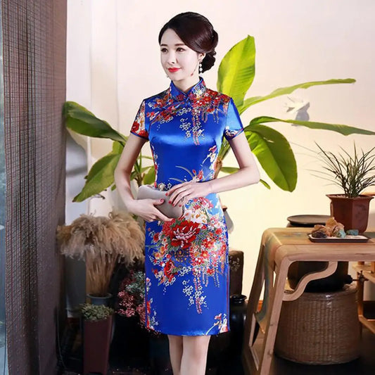 Women Cheongsam Mandarin Collar Short Sleeve Disc Buckles Side Split Lady Cheongsam Flower Print Chinese Style Qipao - Seprincess