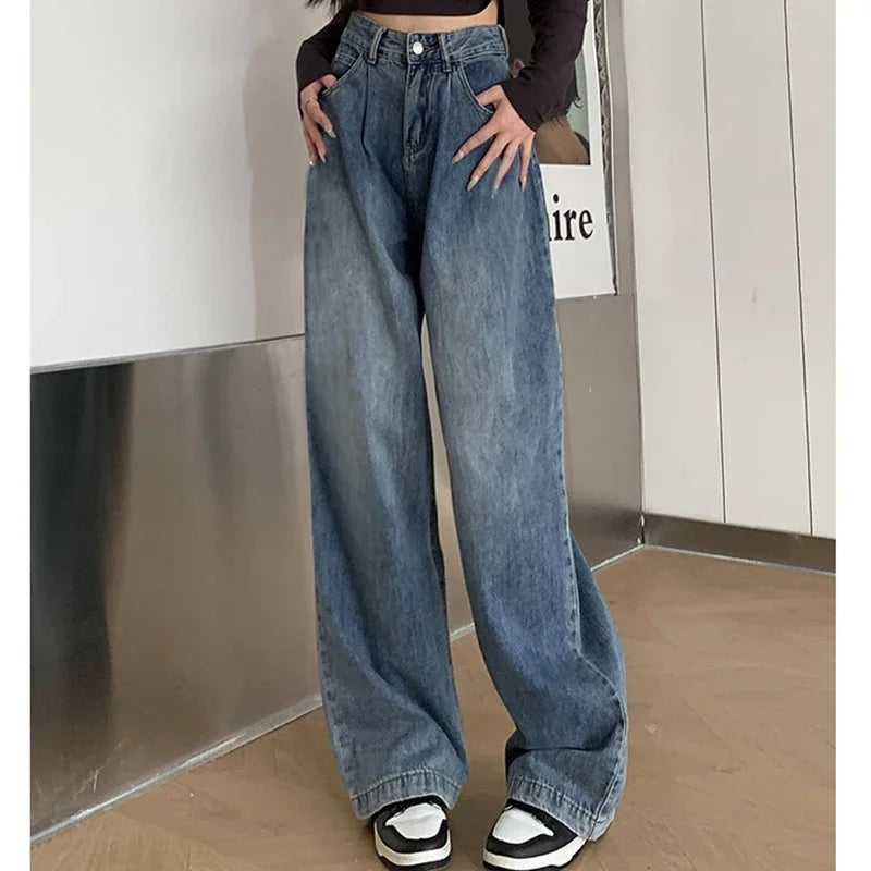 2024 Woman High Waist Vintage Baggy Jeans Lady Streetwear Wide Leg Pants Female Fashion Gray Blue Grey Light Blue Denim Trousers