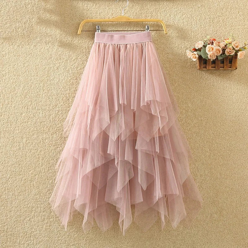 Women's Tulle Skirt Formal High Low Asymmetrical Midi Length Elastic Waist Tutu Layered Puffy Fairy Ball Gown Skirts Streetwear - Seprincess